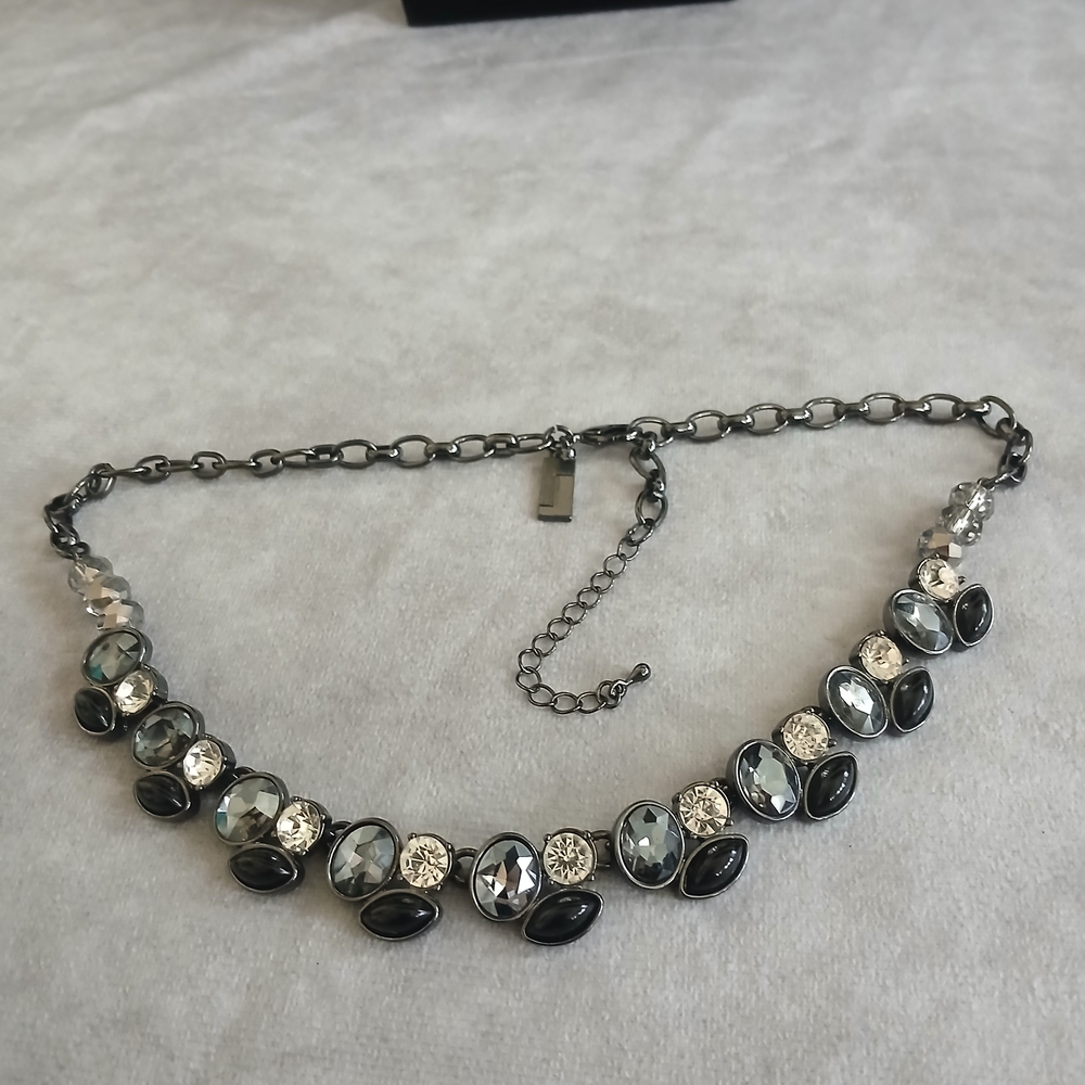The Limited Gunmetal Statement Necklace Smokey Grey Clear Black Crystal Bib 20in